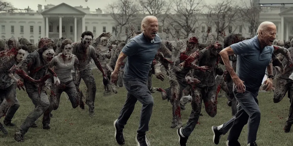 Image similar to movie still of joe biden running away from a hoard of infected zombies on the white house lawn in the movie 2 8 days later, detailed, real, cinematic, 8 k, featured on artstation, detailed faces