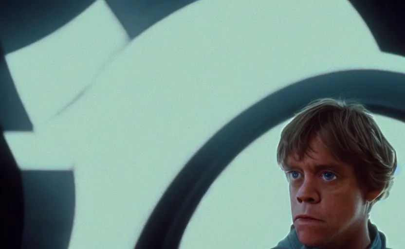 Prompt: screenshot portrait of Luke Skywalker, played by mark Hammill, in a teal, round Temple scene from 1980s film by Stanley Kubrick, 4k serene, iconic shot, surreal sci fi set design, photoreal detailed face, moody lighting stunning cinematography, hyper detailed, sharp, anamorphic lenses, kodak color film