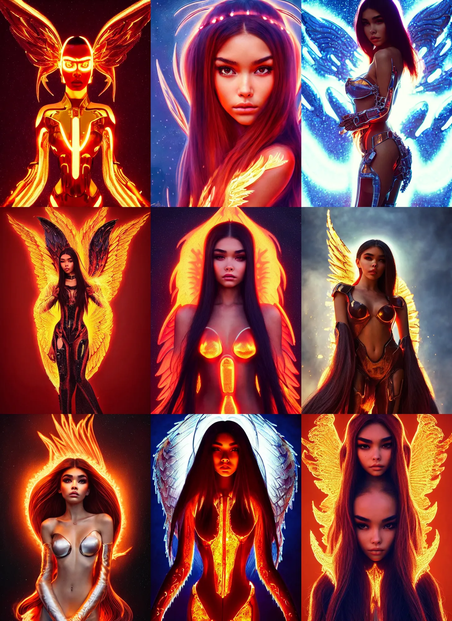 Prompt: madison beer as a fire angel cyborg | lush polished decadent alluring pouty ornate soft masterpiece | weta disney pixar movie still portrait photo | hi - fructose, sci fi, fantasy, fibonacci, film, dslr, cinematic 4 k, highly detailed, artstation, realism | beeple, artgerm, mucha, wlop, loish |