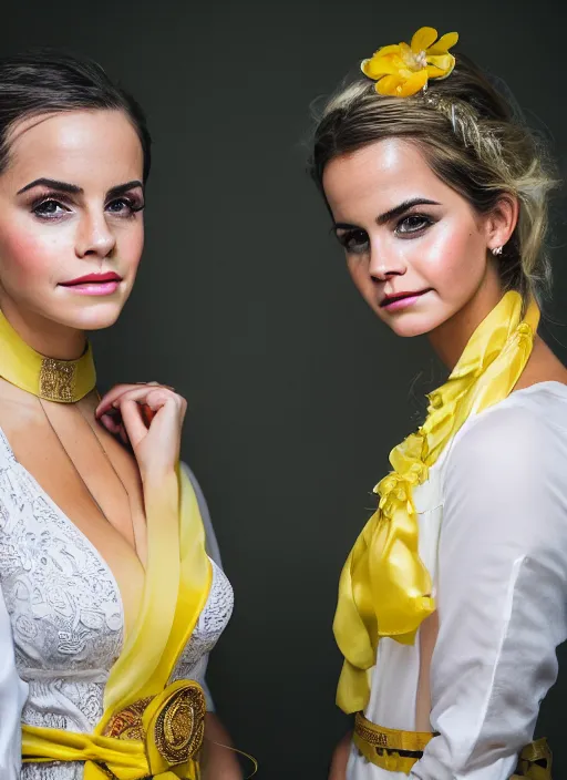 Prompt: portrait of lindsey pelas and emma watson wearing white kebaya and yellow silk belt, jakarta, by charlotte grimm, natural light, detailed face, beautiful features, symmetrical, canon eos c 3 0 0, ƒ 1. 8, 3 5 mm, 8 k, medium - format print,
