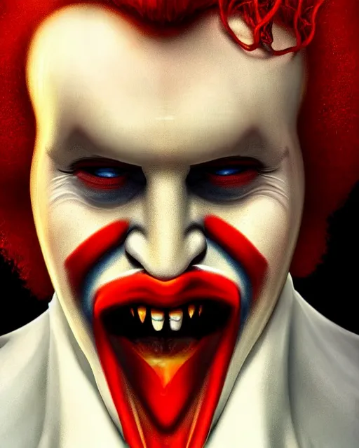 Image similar to dracula ronald mcdonald, character portrait, close up, concept art, intricate details, highly detailed, hyperrealism in the style of otto dix and h. r giger