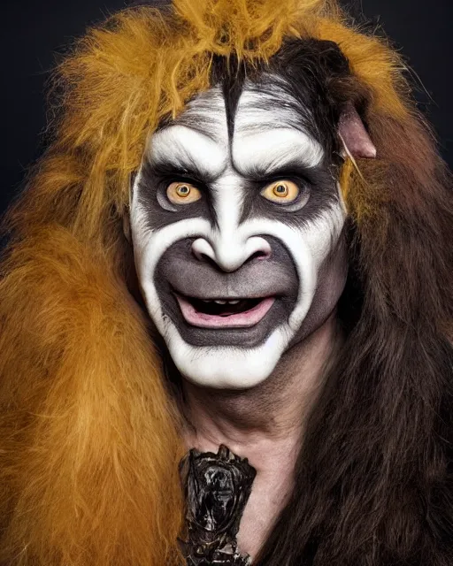 Image similar to actor Ozzy Osborne in Elaborate Pan Satyr Goat Man Makeup and prosthetics designed by Rick Baker, Hyperreal, Head Shots Photographed in the Style of Annie Leibovitz, Studio Lighting