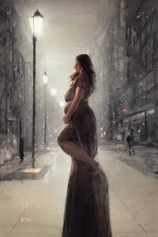 Image similar to pregnant woman under street light, highly detailed, sharp focused, ultra realistic digital concept art by Stanley Artgerm, Alyssa Monks, Ruan Jia