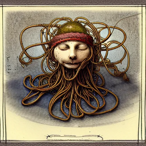 Image similar to design, human flying spaghetti monster, borders, lines, decorations, muted colors, by jean - baptiste monge