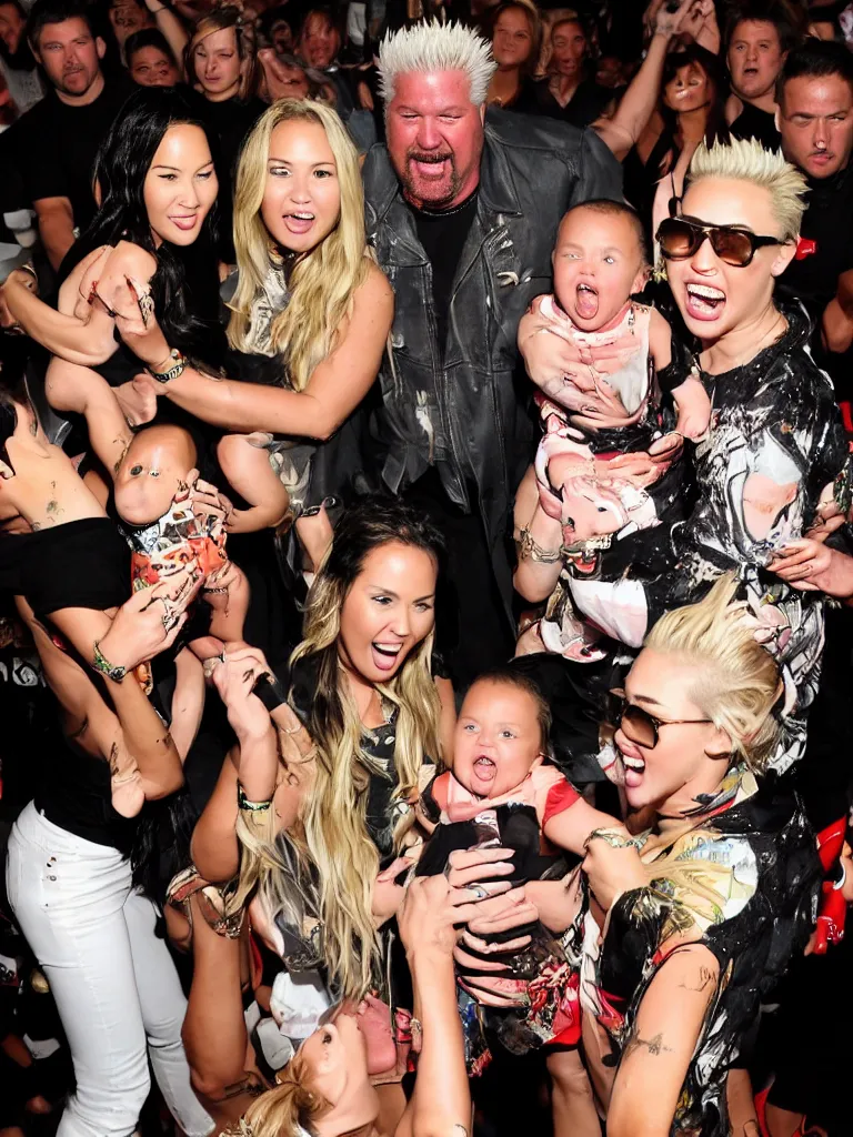 Prompt: olivia munn and miley cyrus and guy fieri holding their baby in a mosh pit