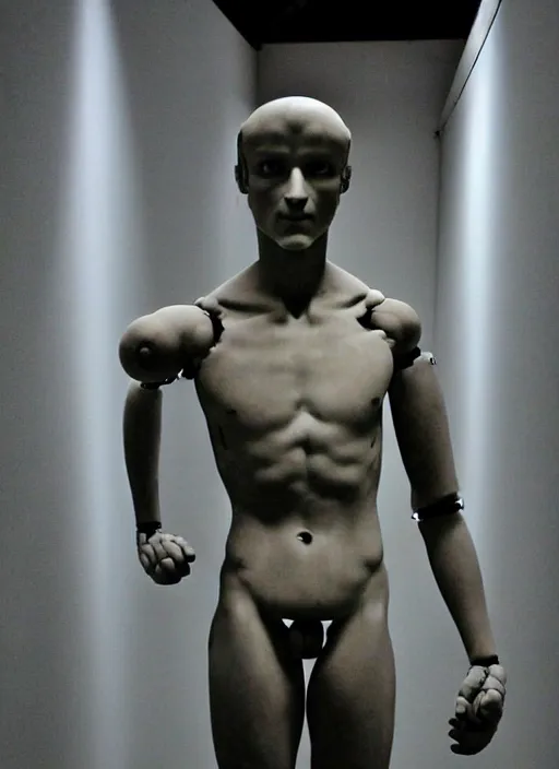 Prompt: a humanoid robot with an adult male human looking face is the statue david by michelangelo, polaroid, flash photography, photo taken in a completely dark storage room where you can see some empty boxes in the background,