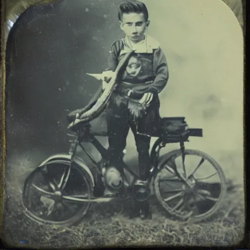 Image similar to tintype photo, boy rides a squid, underwater, jellyfish