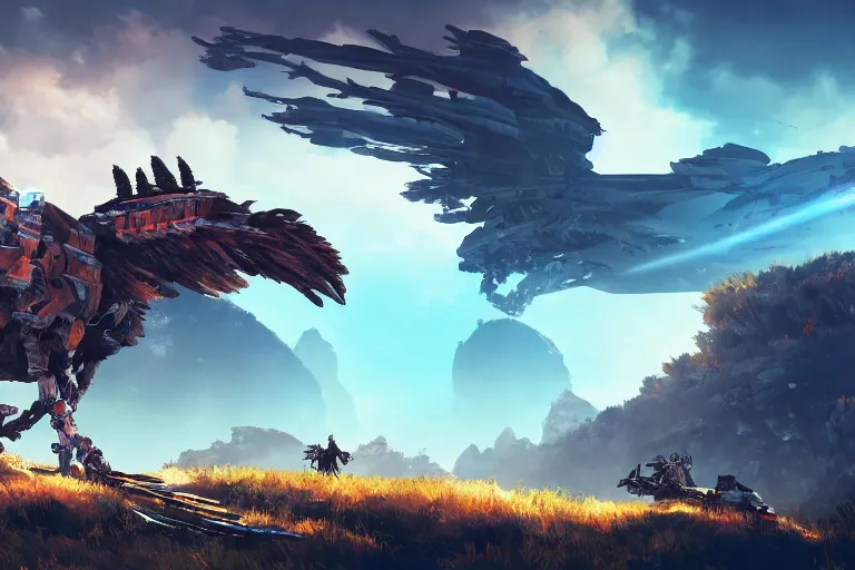 Image similar to stormbird machine mecanical creature robot of horizon forbidden west horizon zero dawn bioluminiscence global illumination ray tracing hdr fanart arstation by ian pesty and alena aenami artworks in 4 k