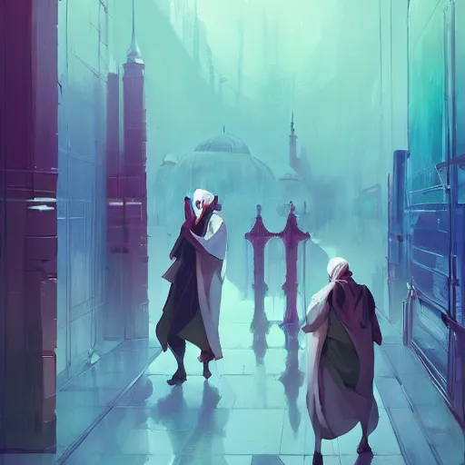 Image similar to cyberpunk sufis whirling with long robes around a mosque official fanart behance hd artstation by jesper ejsing, by rhads, makoto shinkai and lois van baarle, ilya kuvshinov, ossdraws