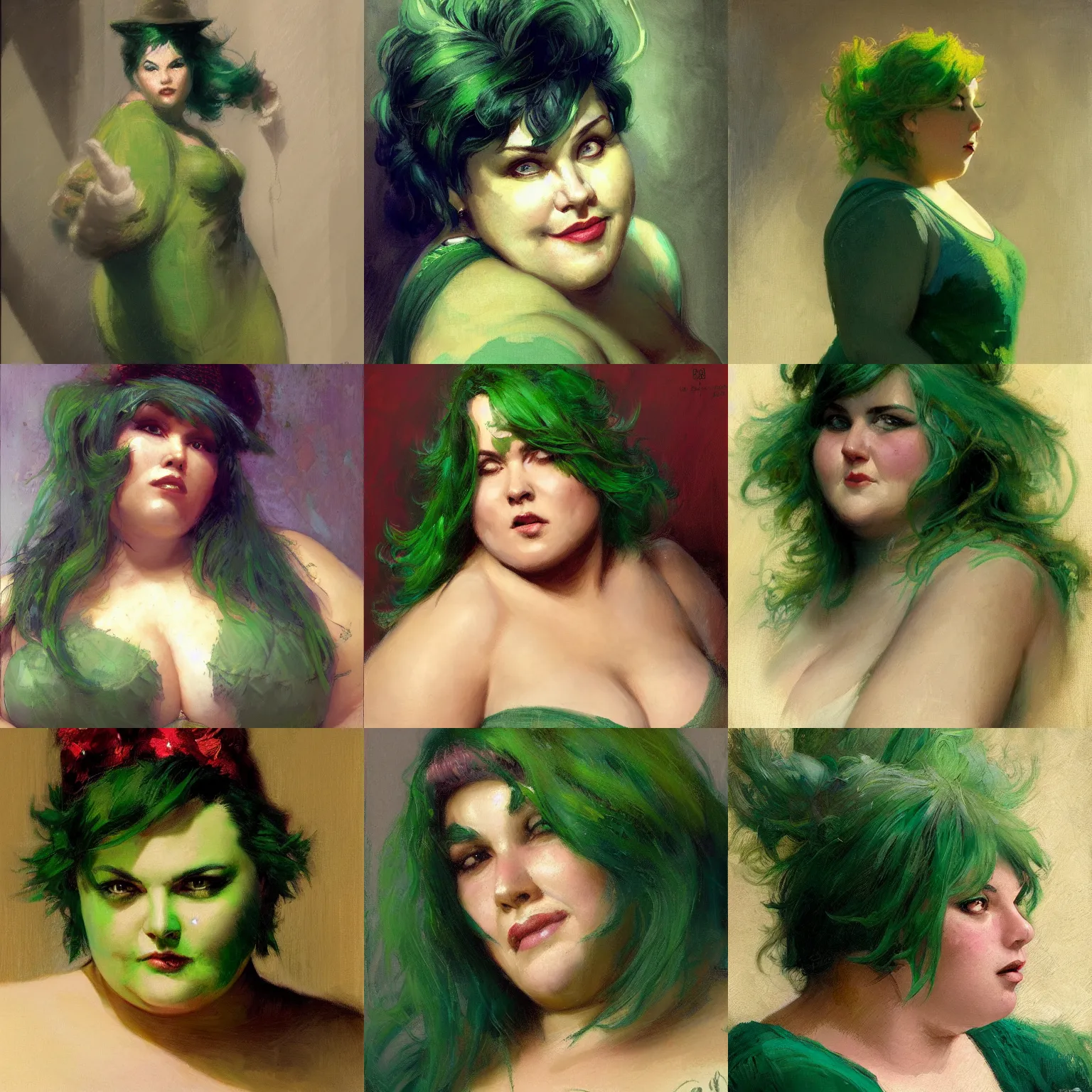 Prompt: chubby woman with green hair who solves mysteries, secretive, smug, candid, character portrait by Gaston Bussiere, Craig Mullins