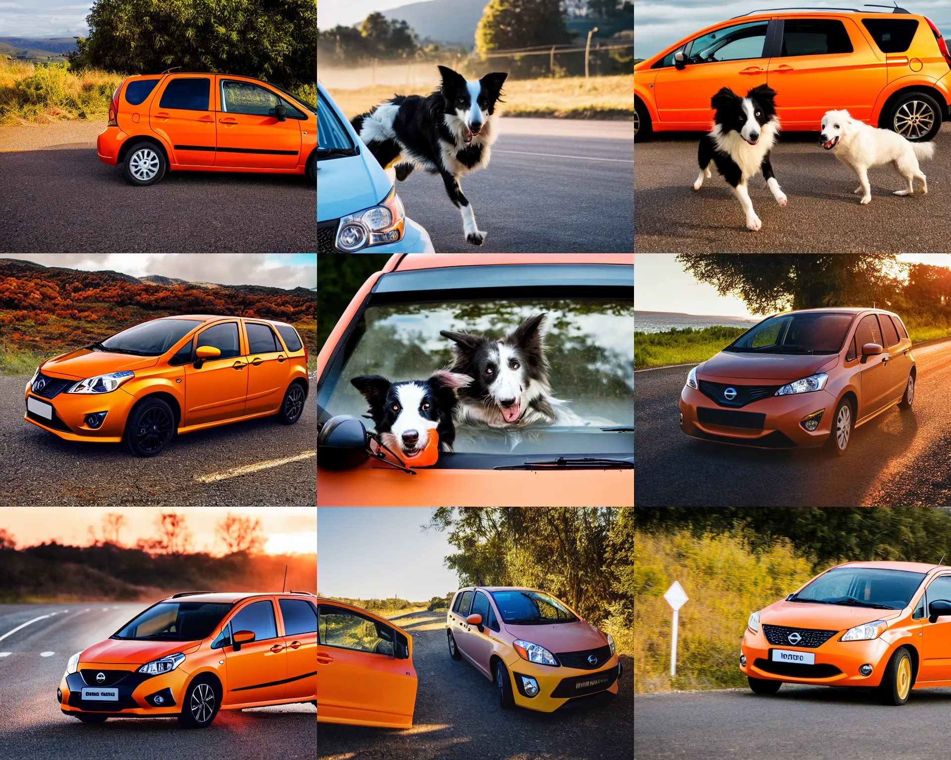 Prompt: border collie dog behind the windshield of an orange nissan note, paws on wheel, car moving fast, rally driving photo, award winning photo, golden hour,