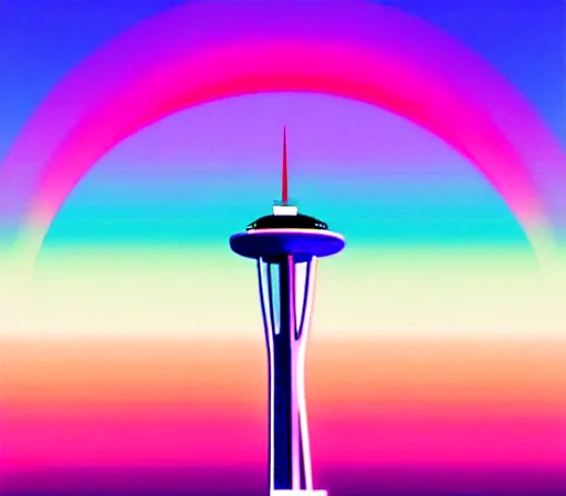 Image similar to a beautiful and immaculate balanced vaporwave ombre scene depicting outrun and the space needle