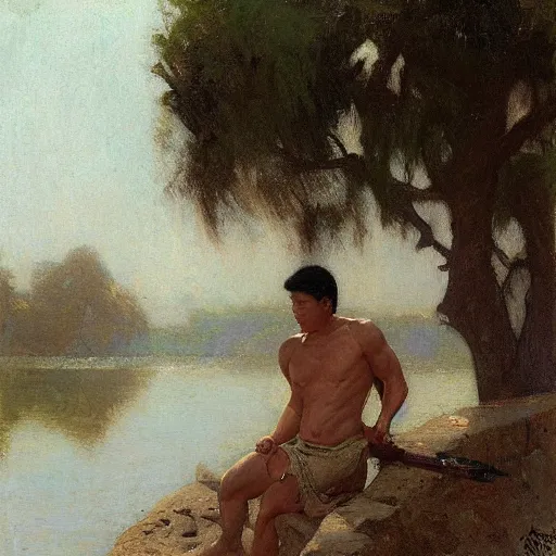 Image similar to asian man by the river, muscular, painted by Gaston Bussiere, Craig Mullins