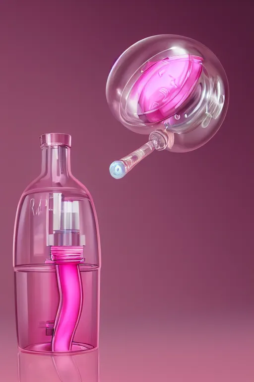 Prompt: Pink Vapor Inhalation Machine Connected to a Spherical Bottle of Pink Liquid by a Tube, Pink Vapor Leaking from an Oxygen Mask, fantasy, magic, ultra detailed, digital art, trending on artstation, illustration, medical laboratory