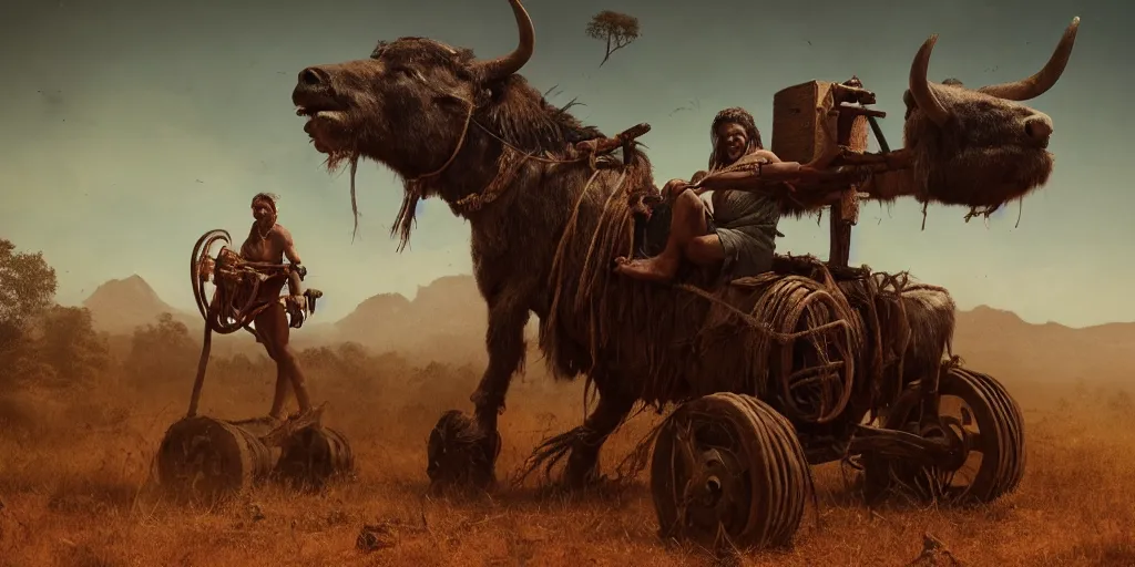 Image similar to photo of an ancient tribesman on ancient atv with wooden wheels, hunting buffalo ,attacking, chase, action scene, an epic fantasy, dramatic lighting, cinematic, establishing shot, extremely high detail, photorealistic, cinematic lighting, artstation, octane render, by simon stalenhag, horizon forbidden west,old photo, high speed photography, vintage