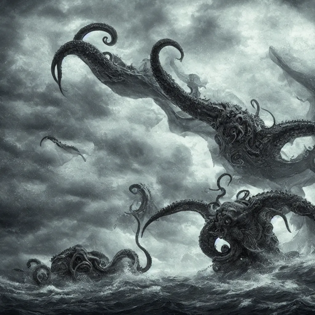 Image similar to A 600 meter high cthulhu fighting against a 500 meter Kraken on a stormy sea with boats around., photoreal