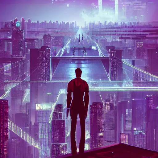 Image similar to a man standing on top of a bridge over a city, cyberpunk art by Vincent Lefevre, behance contest winner, altermodern, cityscape, synthwave, matte painting