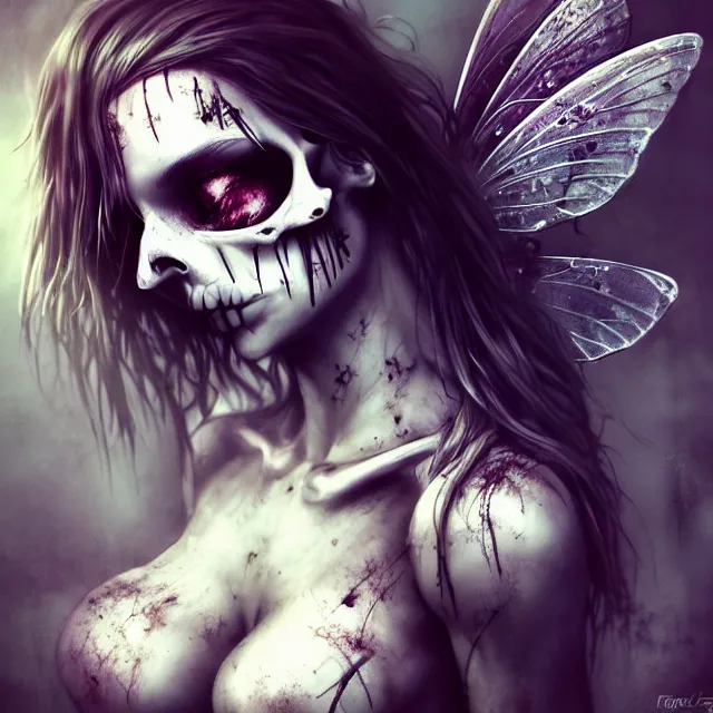 Prompt: full body pose, beautiful adult skull fairy, dirty, grungy, grunge, highly detailed, 4 k, hdr, smooth, sharp focus, high resolution, award - winning photo, artgerm, photorealistic