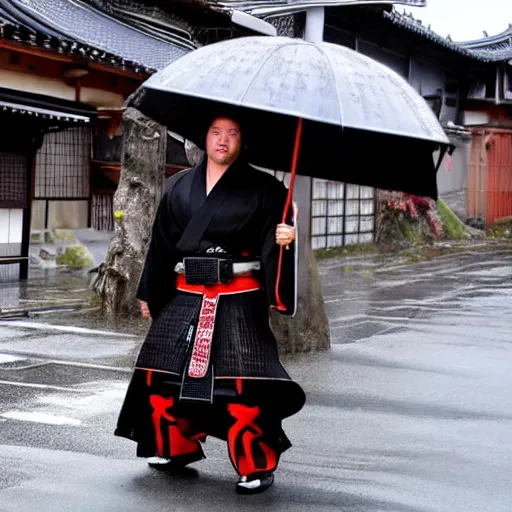 Prompt: keanue reeves wearing samurai armor walks in a street in a japanese village from 19th century in a star wars style, a x-wing is flying in the sky, rainy day, highly detailed, very highly detailed, 4k, photorealistic