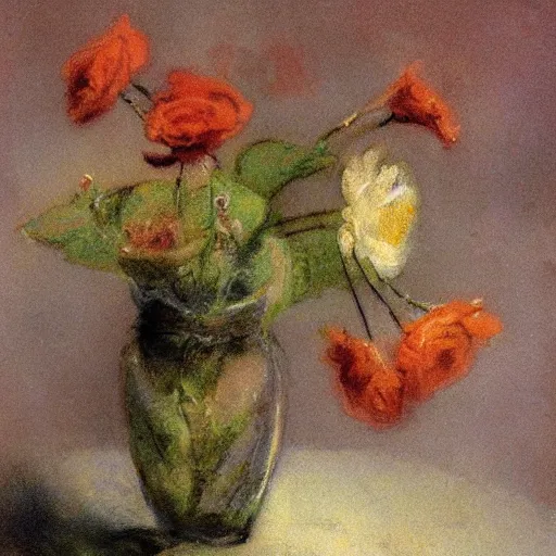 Prompt: dull, brightvibrant by everett shinn apricot. the illustration is a beautiful & haunting work of art of a series of images that capture the delicate beauty of a flower in the process of decaying. the colors are muted & the overall effect is one of great sadness.