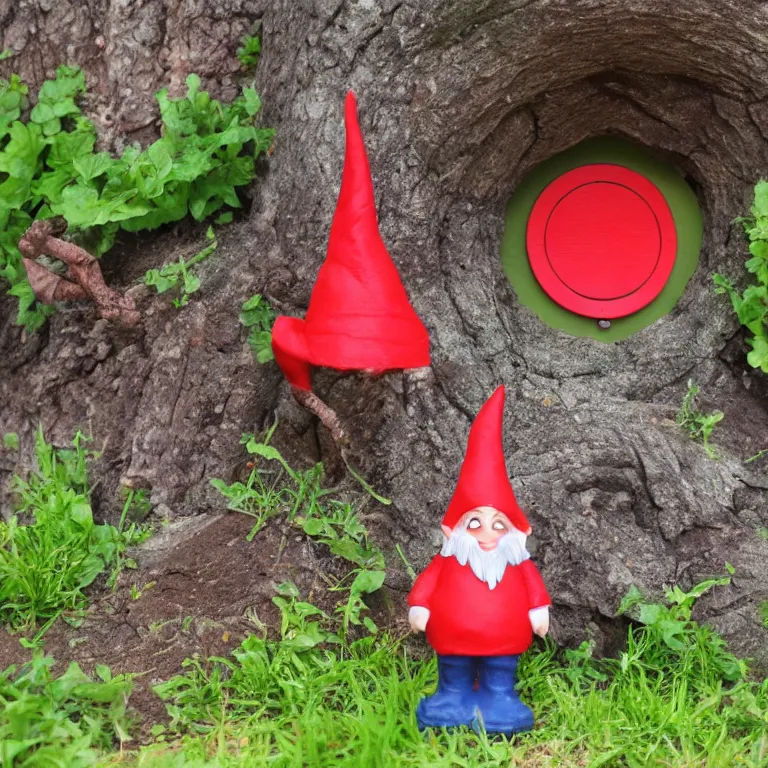 Image similar to gnome wearing backpack, standing in front of a circular portal, open to a red world. in the style of Dr. Suess