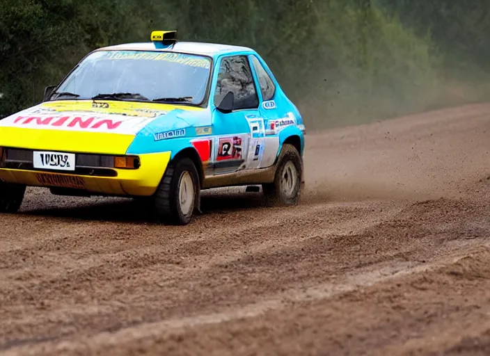 Prompt: photo of a Reliant Robin doing 120 km/h on a dirt road, rally race