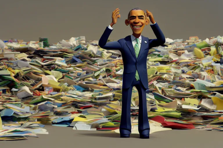 Prompt: obama nervously standing by a mountain of papers, still from a pixar movie, high quality 3 d render, movie, pixar, renderman, 4 k, artstation