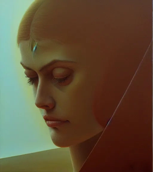 Image similar to A beautiful portrait of Alexandra Daddario, painting by Zdzisław Beksiński, utopian realism, formalism, doomsday