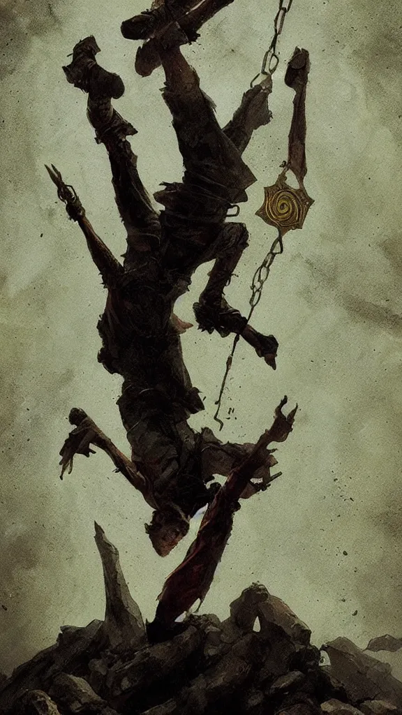 Prompt: the hanged man tarot card by greg rutkowski,