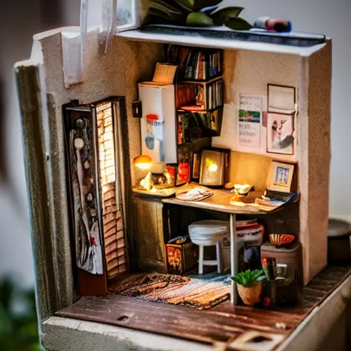 Image similar to a tiny apartment for ants, macro photography, ambient, miniatures