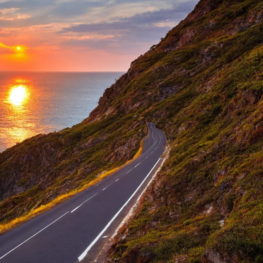 Image similar to a highway road leading to the horizon down a rocky mountain coast, the sunset is a pulsating heart of light. atmospheric good vibes