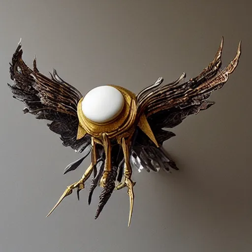 Image similar to white marble with gold accents, an eye with wings and fangs by ellen jewett