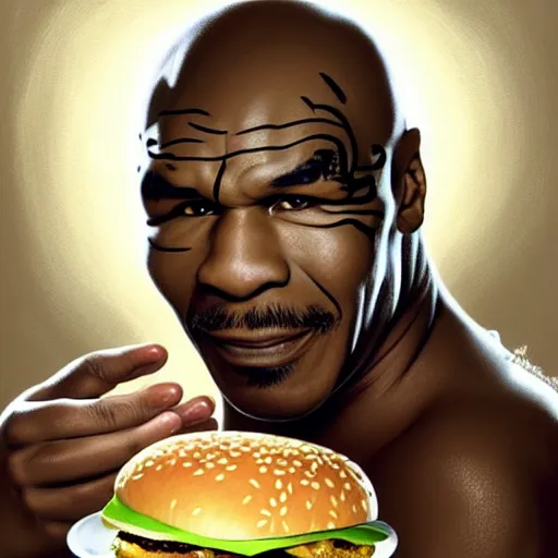 Prompt: portrait of Mike Tyson eating hamburgers, extra onions and ketchup, luscious patty with sesame seeds, feminine ethereal, handsome, D&D, fantasy, intricate, elegant, highly detailed, digital painting, artstation, concept art, matte, sharp focus, illustration, art by Artgerm and Greg Rutkowski and Alphonse Mucha