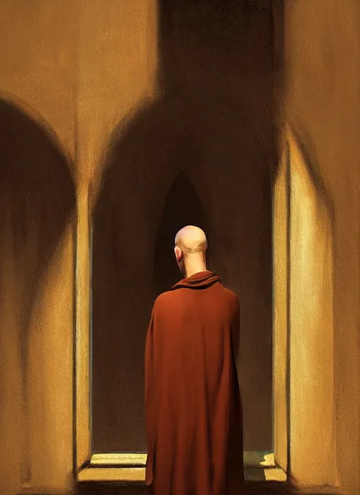 Prompt: symmetry!! oil painting of a tonsured dominican monk in a brown habit, looking out of a monastery window contemplatively, a majestic cathedral in the hazy background, digital art, artstation, cinematic, golden hour, cozy atmosphere, cinematic lighting, digital art painting by greg rutkowski