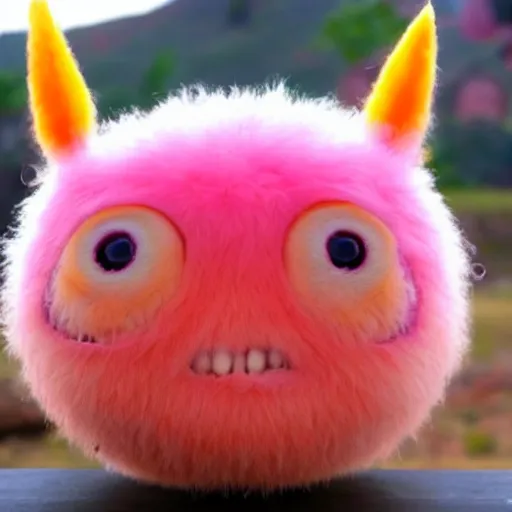 Image similar to an alien with a face that looks like a fuzzy peach the peach is fuzzy pink warm and ripe the alien has horns and a mean smile, 4k, highly detailed, high quality, amazing, high particle effects, glowing, majestic, soft lighting