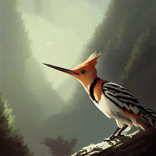 Image similar to hoopoe with his crest in avila pinewood, 4 k, concept art, by wlop, ilya kuvshinov, artgerm, krenz cushart, greg rutkowski, pixiv. cinematic dramatic atmosphere, sharp focus, volumetric lighting, cinematic lighting, studio quality