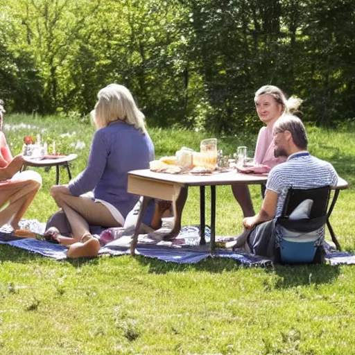 Prompt: 4 friends sitting at a picknick table outside