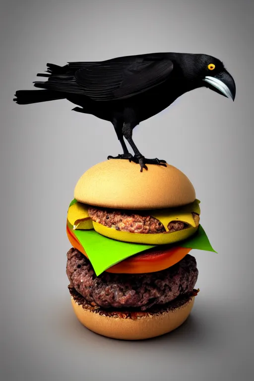 Image similar to a crow holding a cheeseburger, 3D render by beeple , octance render