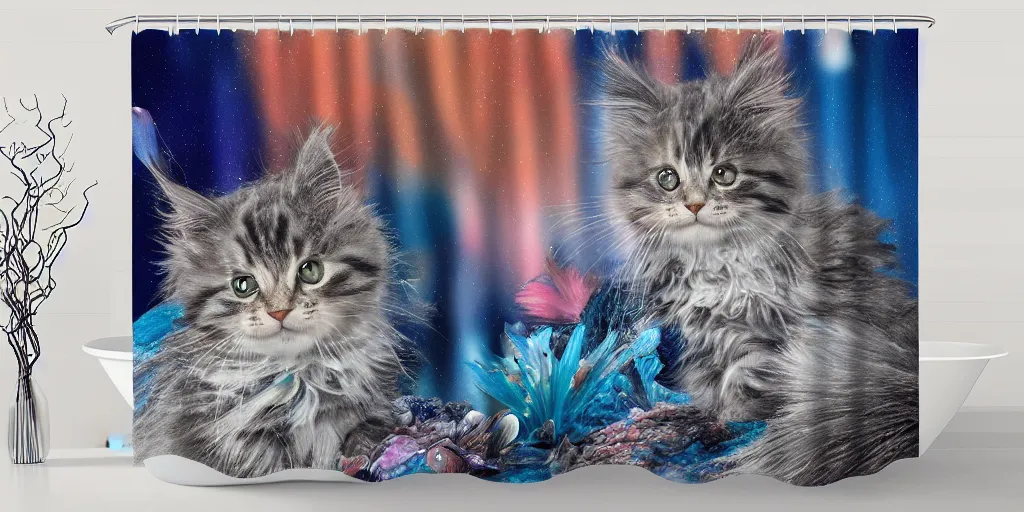 Prompt: a main coon kitten little mermaid shower curtain, product photography. 4 k, highly detailed.