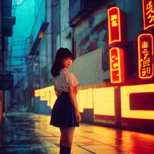 Image similar to 1990s perfect 8K HD professional cinematic photo of close-up japanese schoolgirl posing in dystopian alleyway with neon signs, at evening during rain, at instagram, Behance, Adobe Lightroom, with instagram filters, depth of field, taken with polaroid kodak portra