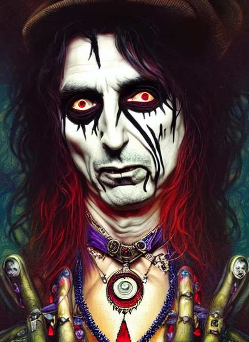 Prompt: psychedelic portrait of alice cooper as a vampire, jewelry, greek, ruby, intricate, headshot, highly detailed, digital painting, artstation, concept art, sharp focus, cinematic lighting, illustration, art by artgerm and greg rutkowski, alphonse mucha, cgsociety