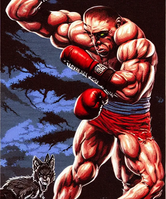 Image similar to extreme long shot. 8 bit nes graphics. antropomorphic muscular masculine wolf. kickboxer fighter, in shorts. wolf head. fine details, very sharp, art from nes game cartridge, marc simonetti and hermann nitsch