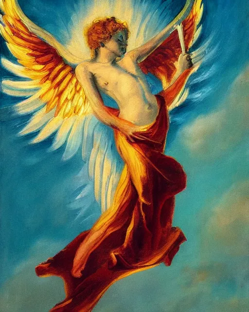 Prompt: a painting of an angel burning it’s wings. In the style of James a Jean.