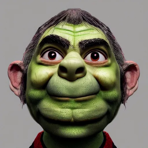 Image similar to Very very very very highly detailed epic central composition photo of Mr Bean as Shrek face, intricate, extremely detailed, digital painting, smooth, sharp focus, illustration, happy lighting, incredible art by Brooke Shaden, artstation, concept art, Octane render in Maya and Houdini