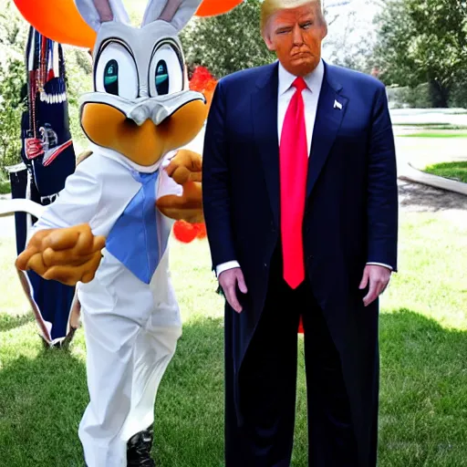 Image similar to Donald trump dressed as bugs bunny spying on children at a birthday party