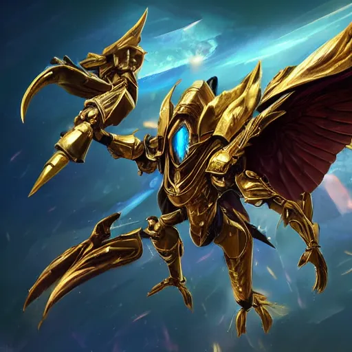 Image similar to cinematic, hyperdetailed league of legends azir armor metroid ravenbeak fanart gold armored bird wings regal gold sunray shaped crown, warframe, destiny, octane