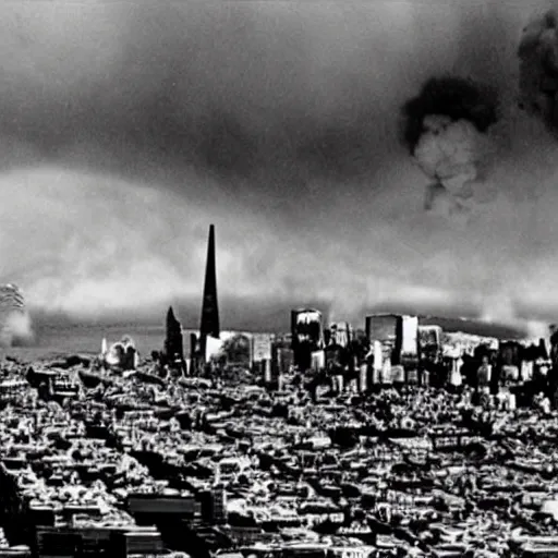 Prompt: nuclear bomb destroying san francisco, movie still, moody