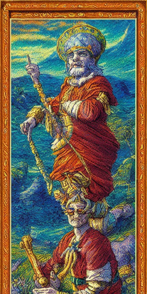Image similar to the fool tarot card, pastel impressionist, intricate border, insanely detailed, 8 k scan, in frame, satisfying, clever