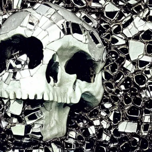 Image similar to a skull made out of broken mirrors, reflecting light in a nightclub, grainy film still