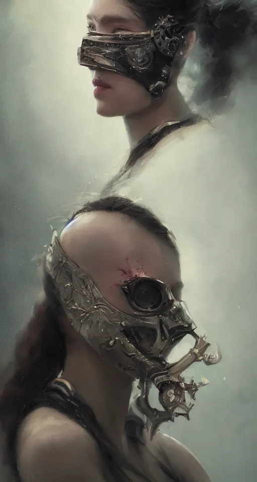 Prompt: A beuatiful portrait of a close up women wearing a mask by Greg Rutkowski, Sung Choi, Mitchell Mohrhauser, Maciej Kuciara, Johnson Ting, Maxim Verehin, Peter Konig, Bloodborne, full body, 8k photorealistic, cinematic lighting, HD, high details, dramatic, dark atmosphere, trending on artstation